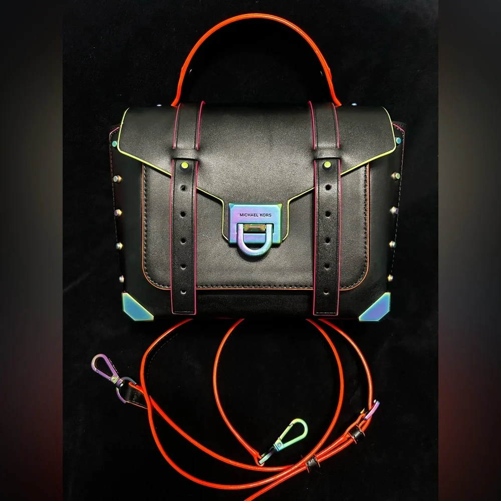 Michael Kors Black Crossbody Manhattan with neon accents - Picture 1 of 8